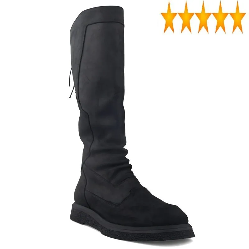 Brand Quality Back Top Rip Genuine Leather Mens High Winter New Warm Round Toe Platform Male Riding Knee Boots