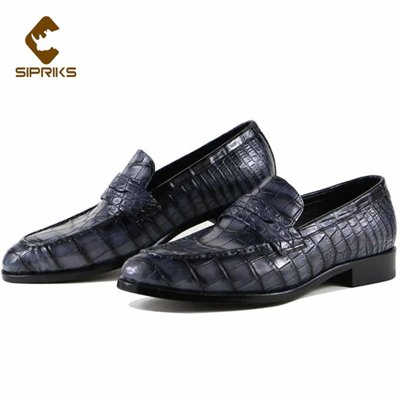 Sipriks Mens Casual Shoes Luxury Crocodile Skin Penny Loafer Slip on Wedding Business Blake Shoes Gray Color Topsiders Flats