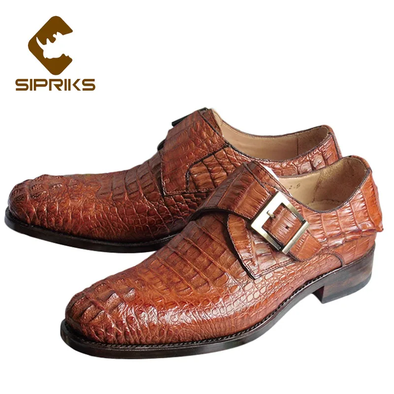 SIPRIKS Mens Brown Crocodile Skin Leather Shoes Single Monk Strap Elegant Dark Brown Black Alligator Shoe Boss Male Casual Flat